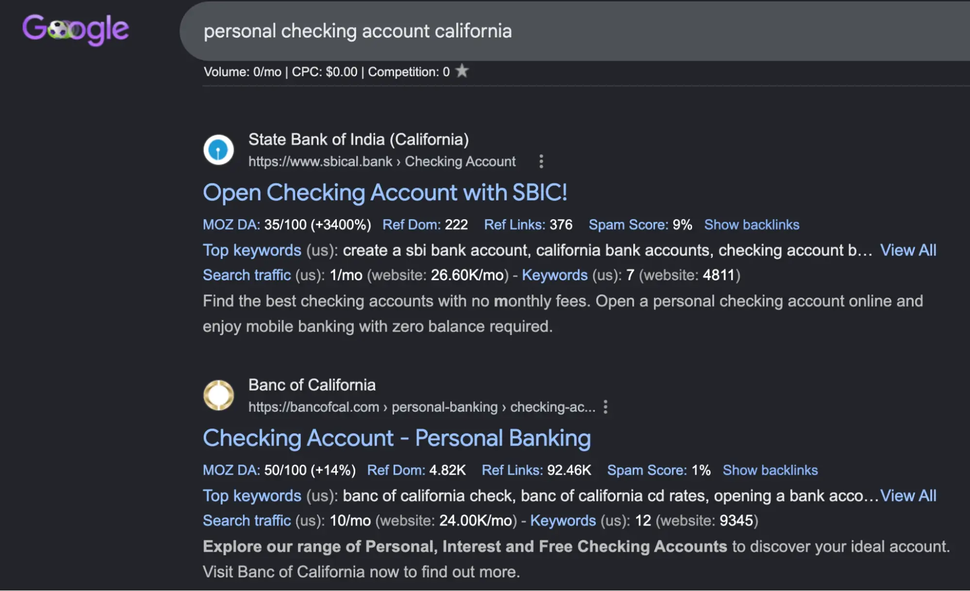 SBI-California website copywriting SEO ranking for a fintech bank